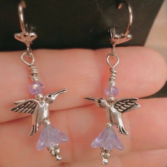 Silver Hummingbird Earrings Dangle Tibetan Whimsical Handmade Crystal Beads NEW - Picture 9 of 10